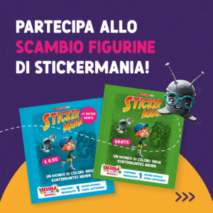 Promozione Stickermania di Despar: due album di figurine colorati (uno blu e uno verde) con personaggi cartoon e mascotte robotica. Testo: 'Partecipa allo scambio figurine di Stickermania'. Gli album costano €0,50 con 31 tattoo gratis o sono gratis, tema India, includono buono scuola.