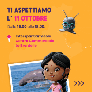 Invito evento Stickermania l'11 ottobre dalle 15:00 alle 18:00 presso Interspar Sarmeola Centro Commerciale Le Brentelle. Immagine di personaggio cartoon femminile con trecce e delfino, mascotte robotica con occhiali.