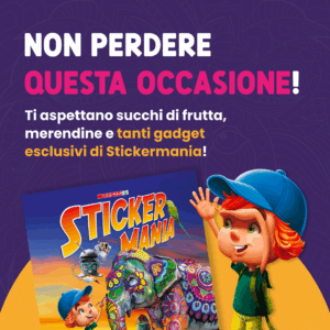 Promozione Stickermania Despar: non perdere questa occasione con succhi di frutta, merendine e gadget esclusivi. Immagine mostra album Stickermania con elefante decorato colorato e personaggio cartoon con capelli rossi e cappello blu.